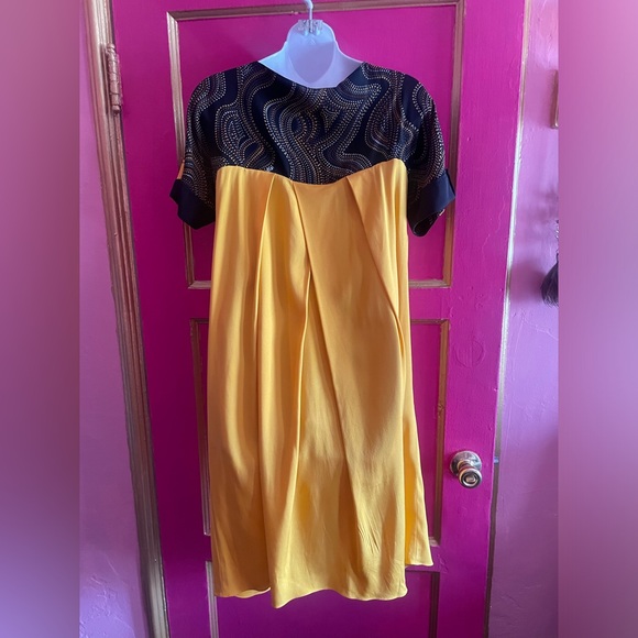 Vintage Ungaro Fuchsia yellow & black silk dress with macrame knot  size 10 - Picture 6 of 7